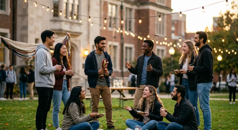 roup of university students celebrating a cultural festival on campus.