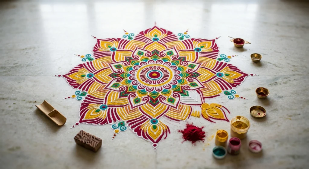 Traditional kolam rice flour art created as part of a Thai Pongal harvest festival celebration.