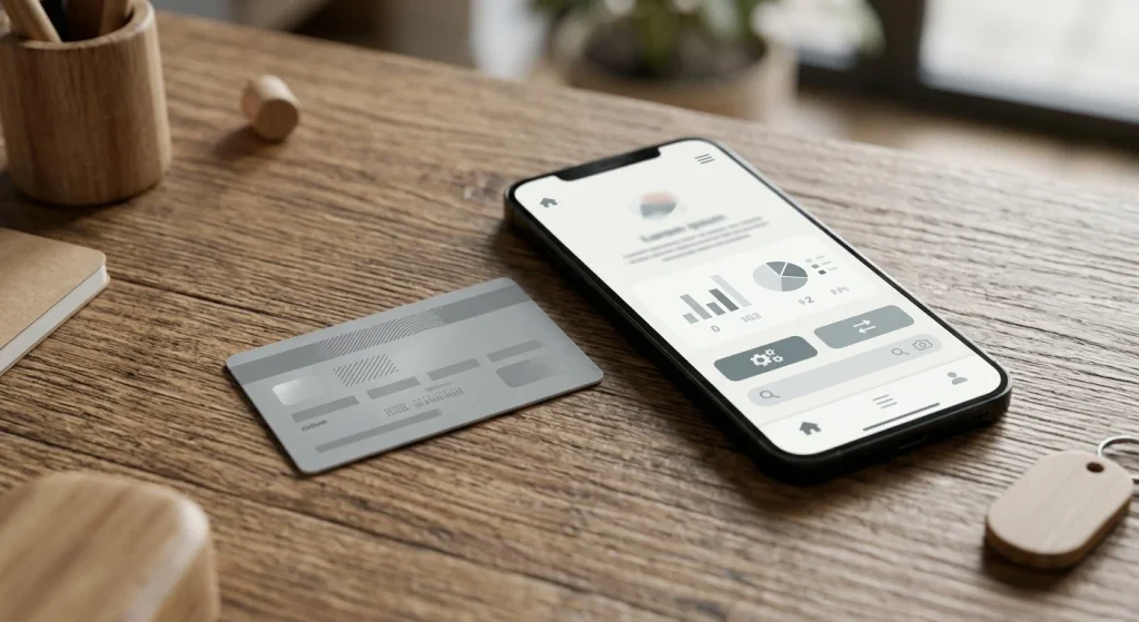 A physical recharge card next to a smartphone app representing two types of prepaid meter top-up methods.