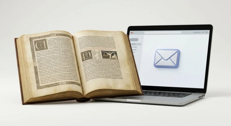 An open antique book with printed Latin-style text placed next to a modern open laptop displaying a blue email envelope icon on a studio off-white background.
