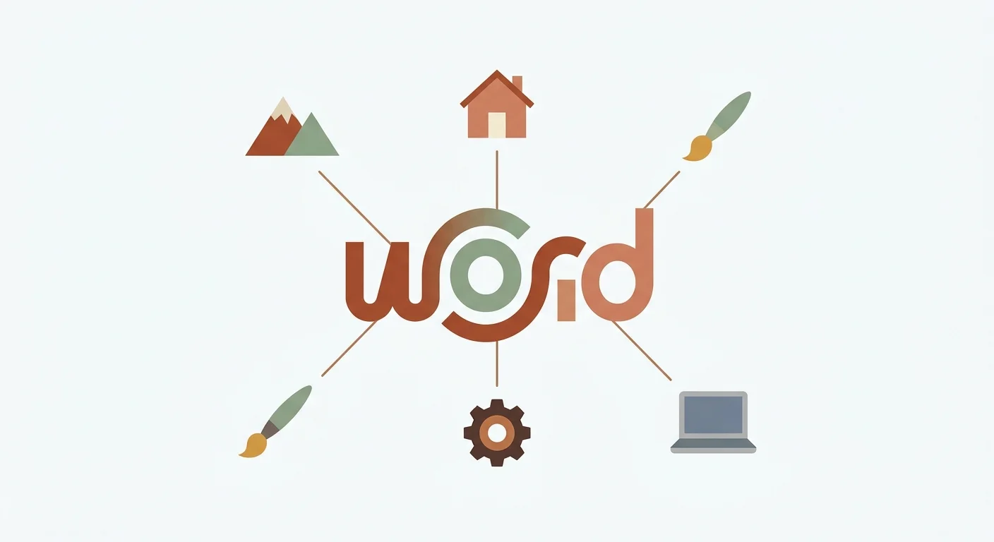 A single word connected to five unrelated concept icons representing conflicting fabricated definitions.
