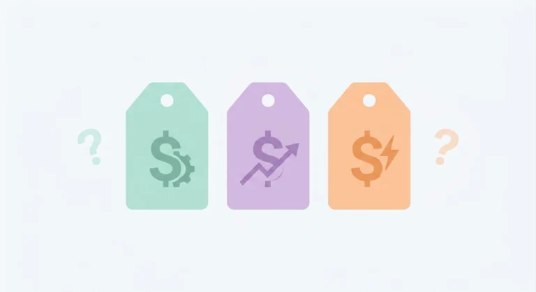 A flat-design illustration featuring three pastel price tags with dollar sign variants surrounded by subtle question mark icons on an off-white background.