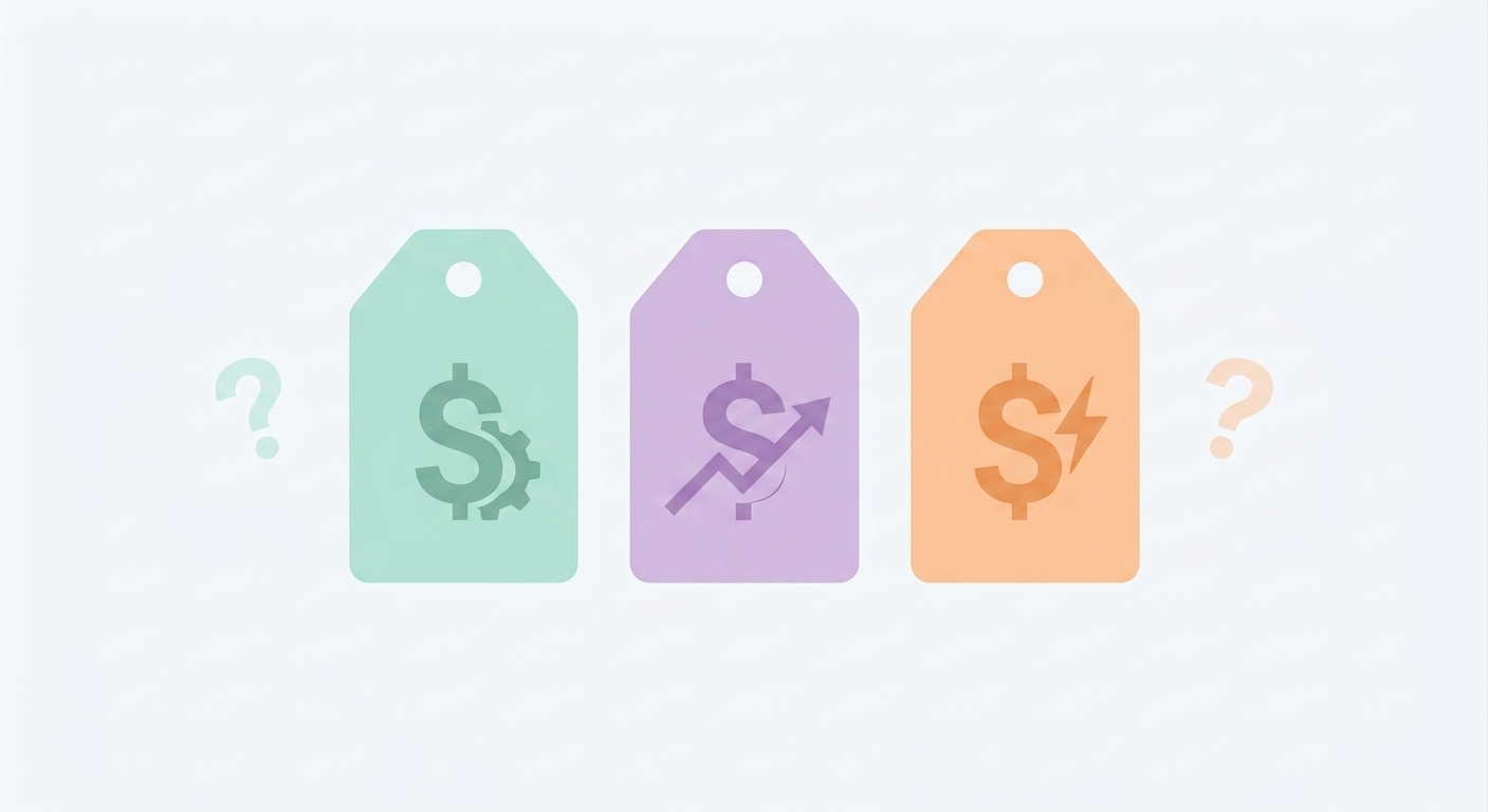 A flat-design illustration featuring three pastel price tags with dollar sign variants surrounded by subtle question mark icons on an off-white background.