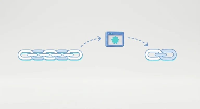 A minimalist 3D illustration against a white background, visualizing a long web address (left-side long chain) being converted through a browser service (central 3D window) into a short link (right-side short chain).
