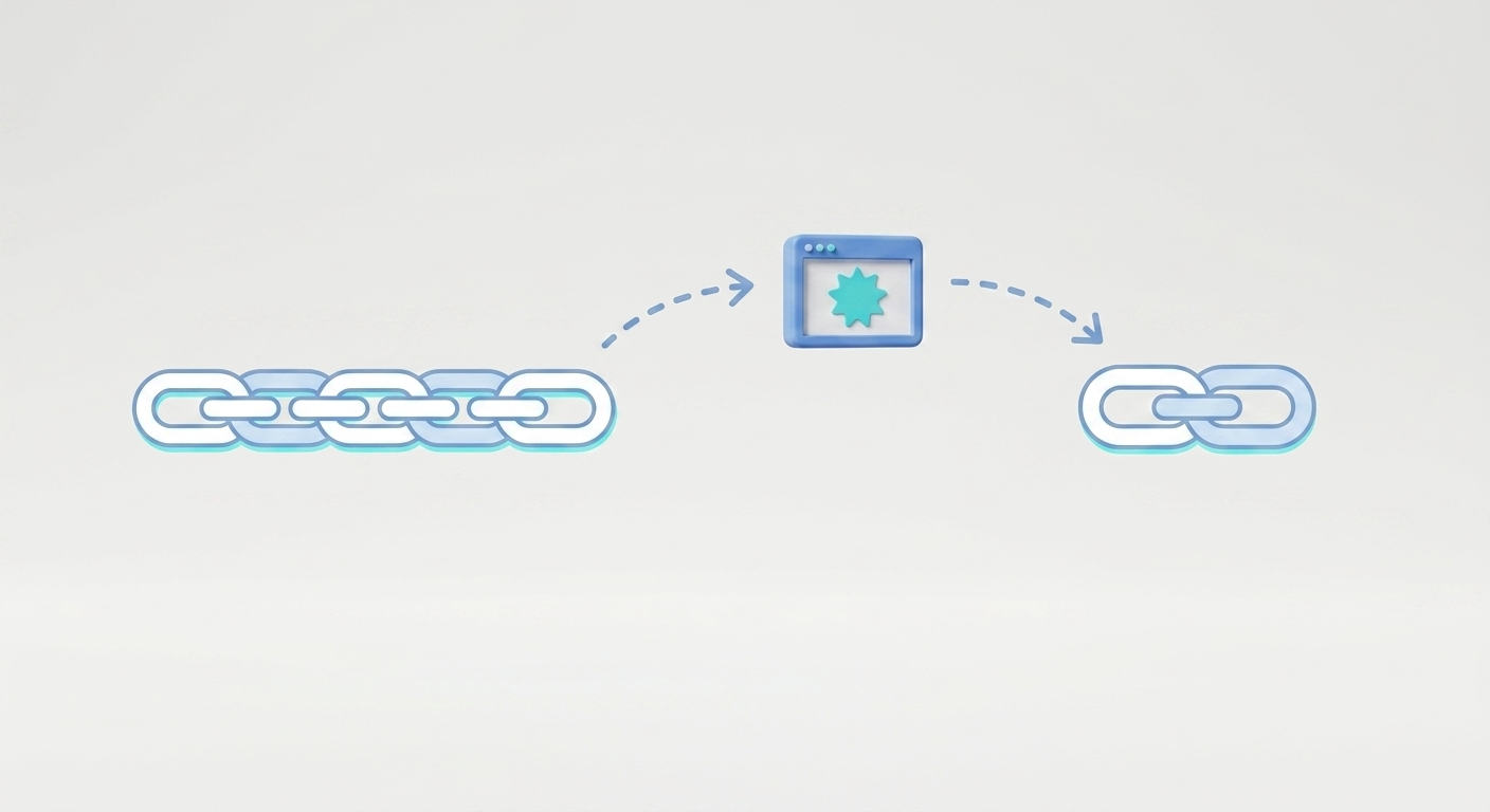 A minimalist 3D illustration against a white background, visualizing a long web address (left-side long chain) being converted through a browser service (central 3D window) into a short link (right-side short chain).