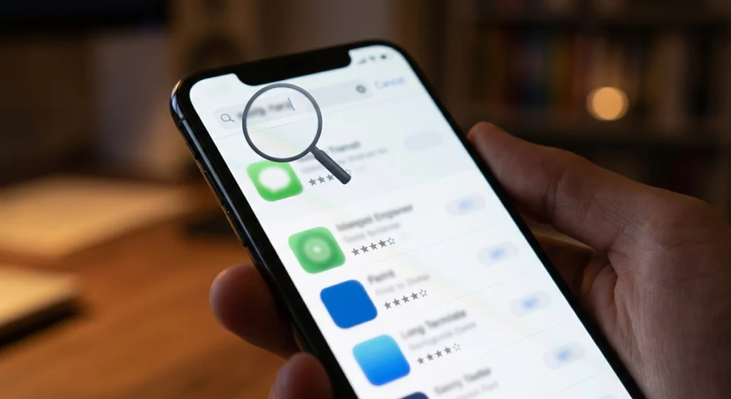 Magnifying glass over an app store listing representing verifying a transportation app before downloading.
