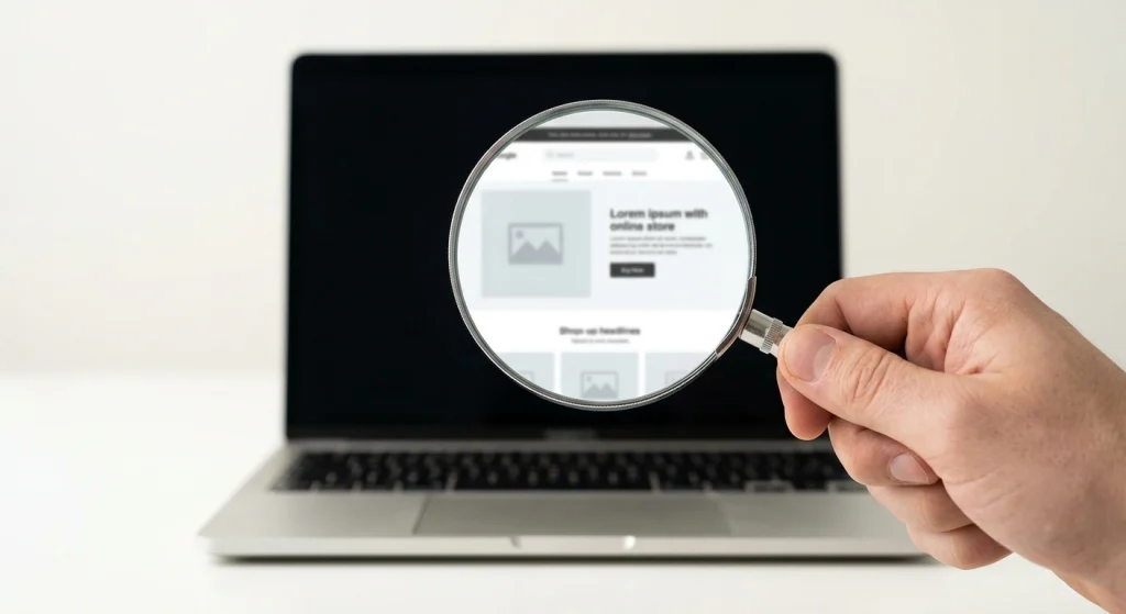 A close-up photo of a hand holding a magnifying glass over an open laptop screen to examine a generic website layout, set against a studio off-white background.
