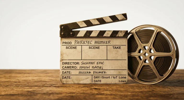 A rustic movie clapperboard sitting beside a metallic film reel on a rustic wooden table against a warm studio background.