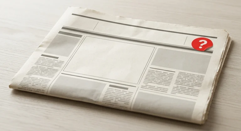 Newspaper masthead next to a question mark representing evaluating an online news site's credibility.
