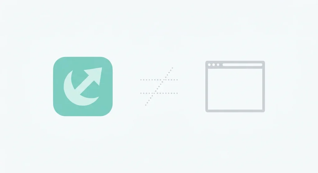 A smartphone app icon beside a website browser icon representing two unrelated products sharing the same name.