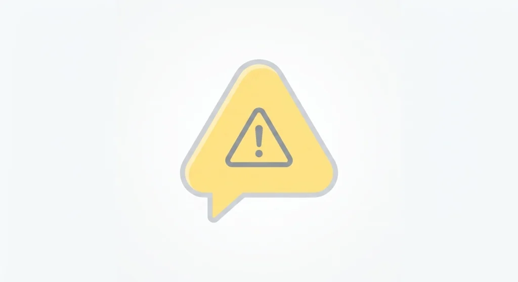 A minimalist flat design illustration of a soft yellow triangular speech bubble featuring a grey warning exclamation mark icon inside, centered against a clean off-white background.