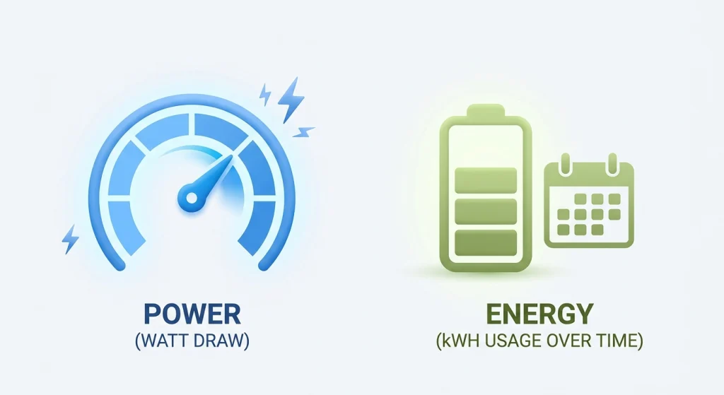 Minimalist diagram contrasting instantaneous power draw in watts against energy consumed over time in kilowatt hours