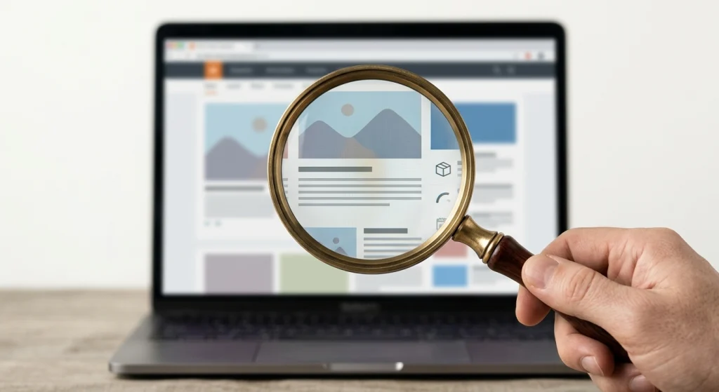 A close-up photo of a hand holding a brass magnifying glass in front of an open laptop screen displaying a generic webpage wireframe layout, shot with studio lighting and a shallow depth of field.