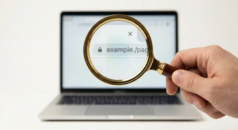 A hand holding a brass magnifying glass over a laptop screen, inspecting a padlock icon and URL address bar against a studio off-white background.