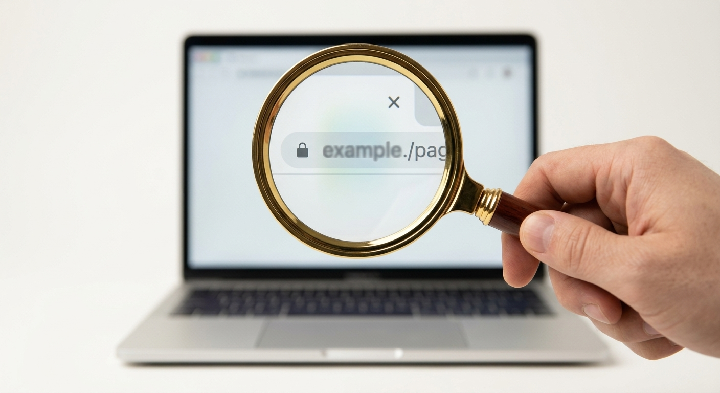 A hand holding a brass magnifying glass over a laptop screen, inspecting a padlock icon and URL address bar against a studio off-white background.