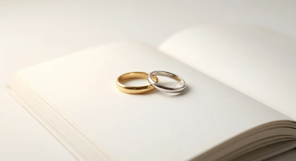 A minimalist close-up photo of two simple wedding bands—one gold and one silver—interlocked on the center of an open, blank book with warm studio lighting and a shallow depth of field.