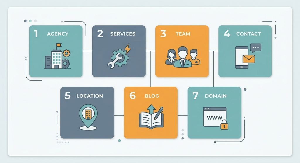Seven essential facts about aelftech.com listed as numbered cards.