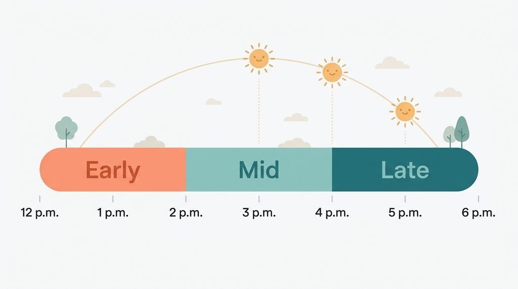 Horizontal timeline from 12 p.m. to 6 p.m. split into early, mid and late afternoon.