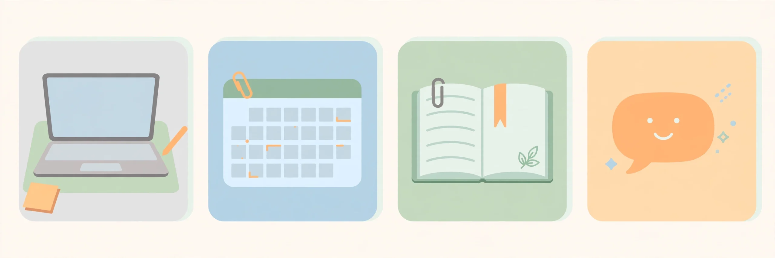 Flat illustration of a tidy desk with laptop, calendar, notebook and AI assistant icon on a light background.