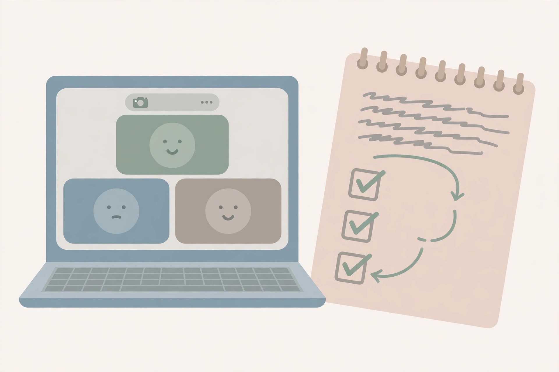 Flat illustration of meeting notes turning into a checklist of action items.