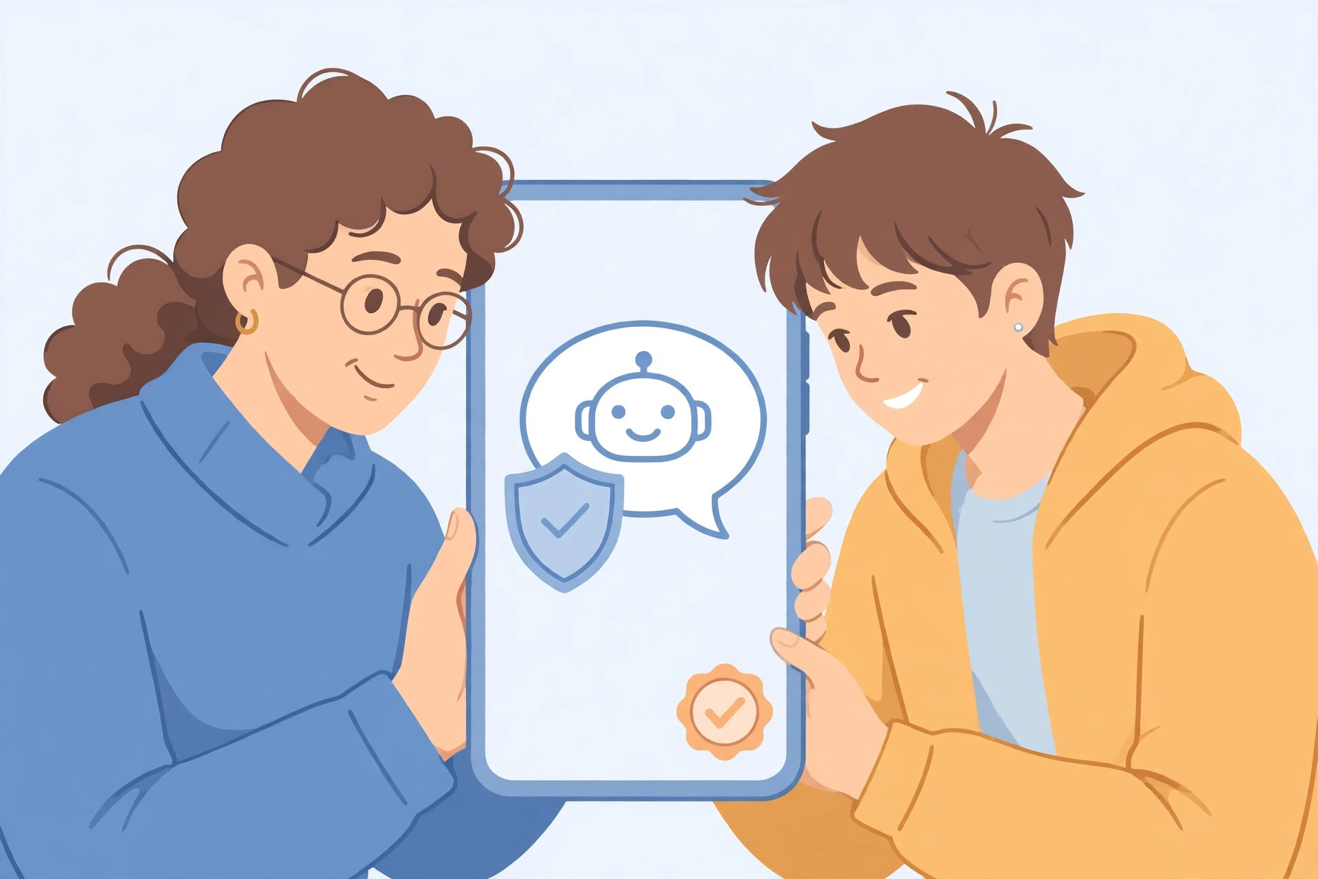 Flat illustration of a parent and teenager with a phone chatbot protected by a shield and age-check badge.