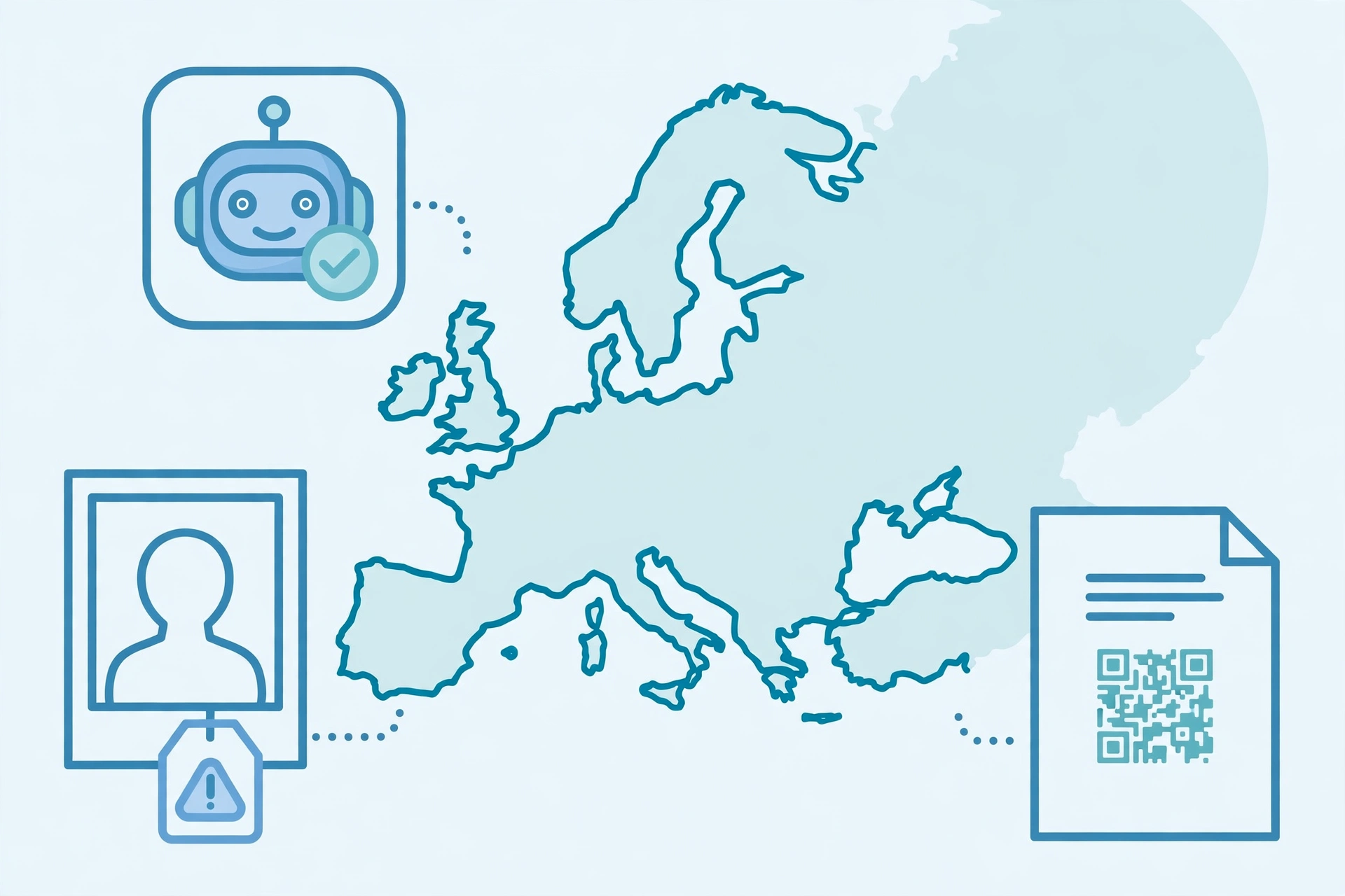 Flat illustration of Europe with a badged chatbot and labelled AI-generated content, representing EU transparency rules.