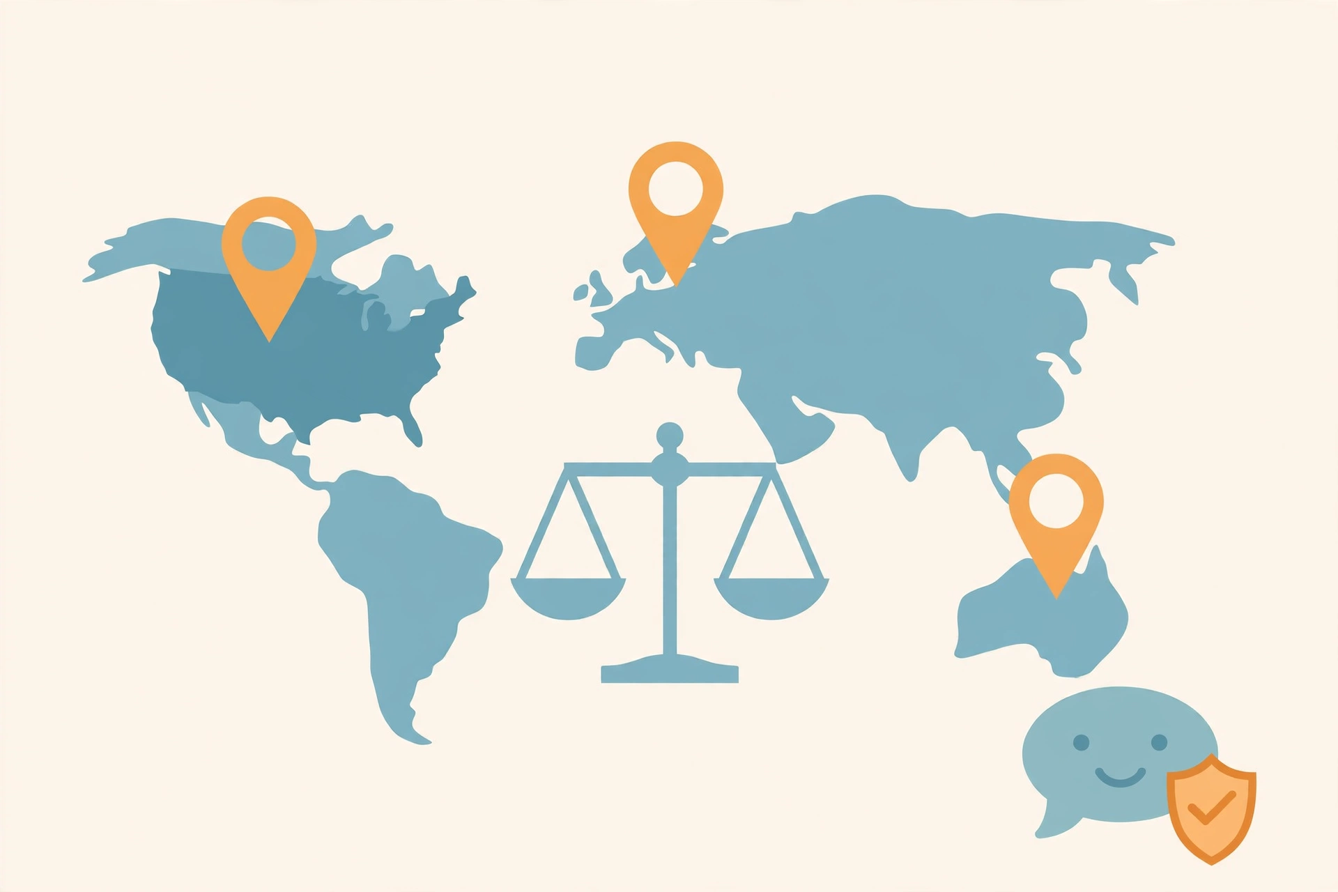 Flat illustration of a world map with law scales and a chatbot shield, representing AI regulation news around the world.