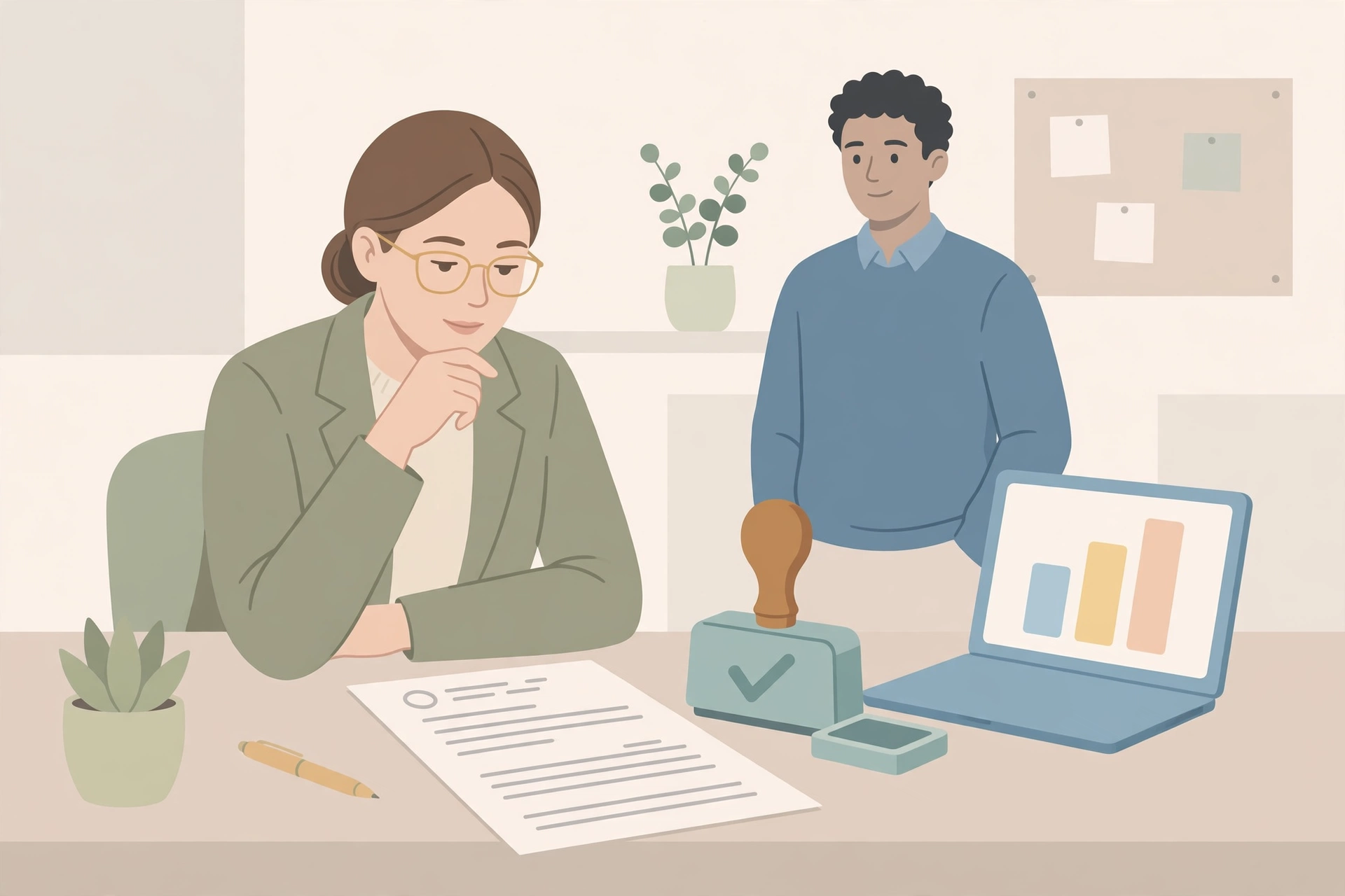 Flat illustration of a manager reviewing a workplace decision document with a human approval checkmark.
