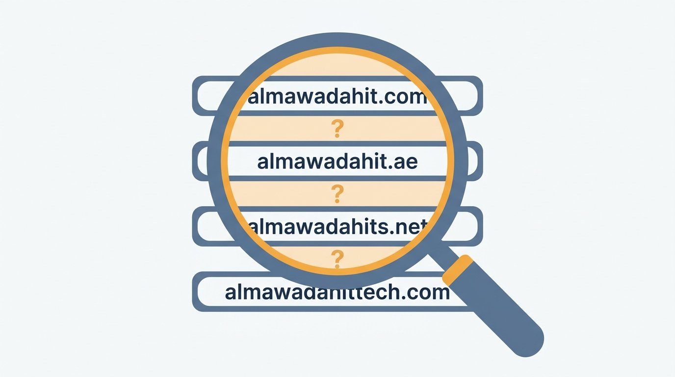 Magnifying glass over four similar website address bars labeled with almawadahit domains.