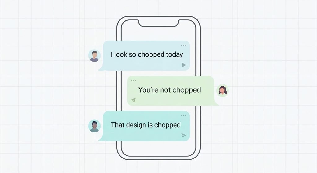 Three example sentences using chopped slang in chat bubbles.