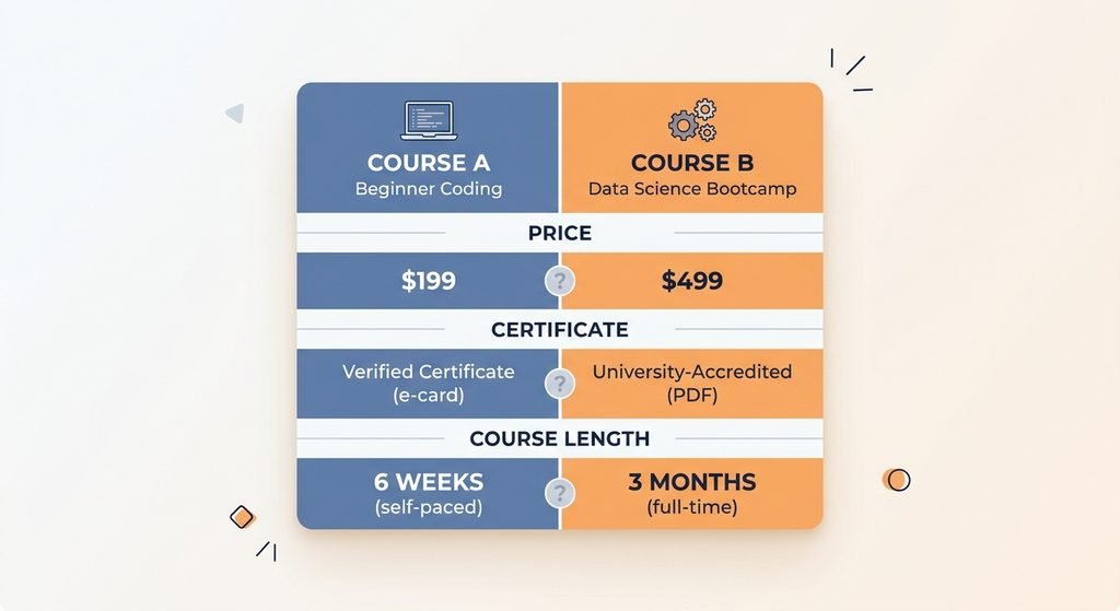 Two-column comparison of conflicting course claims on price, certificate and length.
