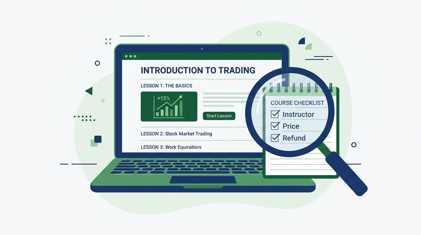 Online stock market course screen with a checklist beside a magnifying glass.