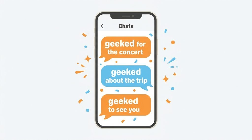 Text message bubbles using geeked to mean excited about a concert and a trip.