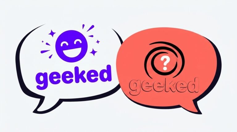Two speech bubbles showing the word geeked with an excited face and a question mark.