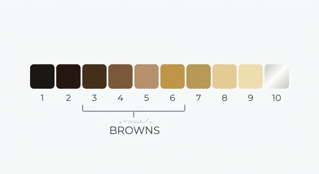 Hair color level scale from 1 to 10 with the brown range highlighted.