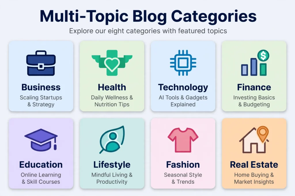 Infographic of WallPostMedia.com content categories, including business, health, technology, finance, education, lifestyle, fashion, and real estate.
