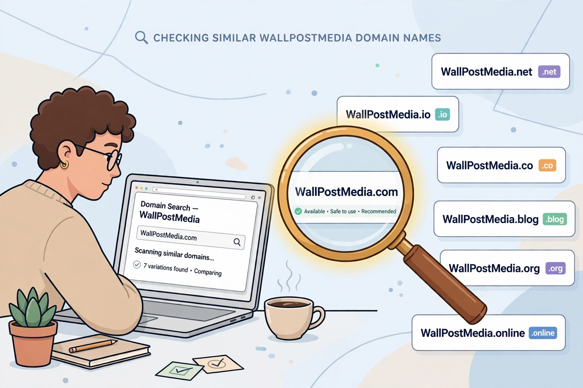 A reader checking similar WallPostMedia domain names on a laptop screen.