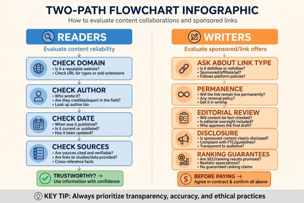 Flowchart for readers and writers checking WallPostMedia.com before trusting an article or paying for a placement.
