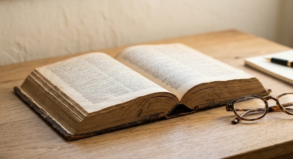 Aged open dictionary on a wooden desk representing the Old Norse origin of the word serlig.