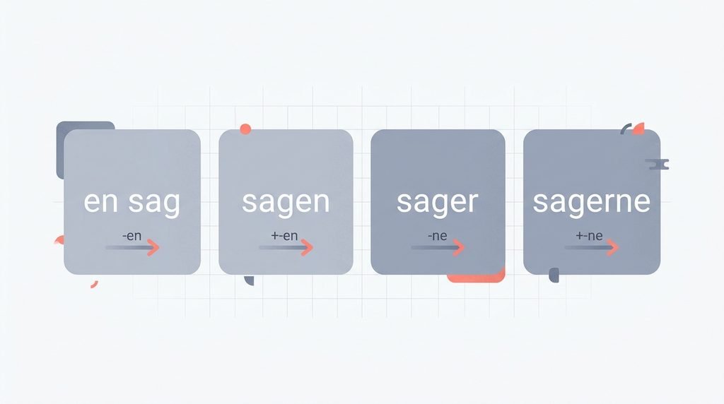 Four Danish noun forms of sag shown in a progression.