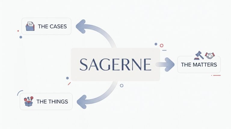 Danish word sagerne shown as definite plural of sag with English translations.