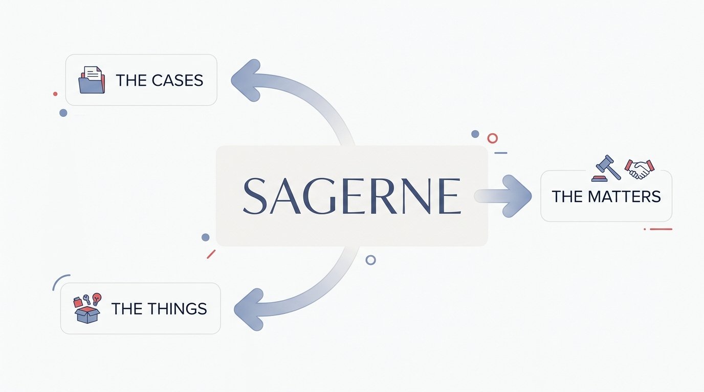 Danish word sagerne shown as definite plural of sag with English translations.