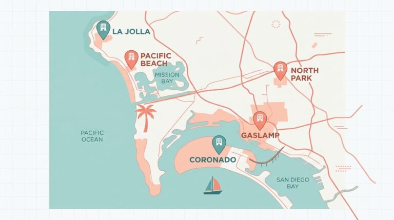San diego boutique hotels map showing La Jolla, Coronado, Gaslamp Quarter and Pacific Beach.