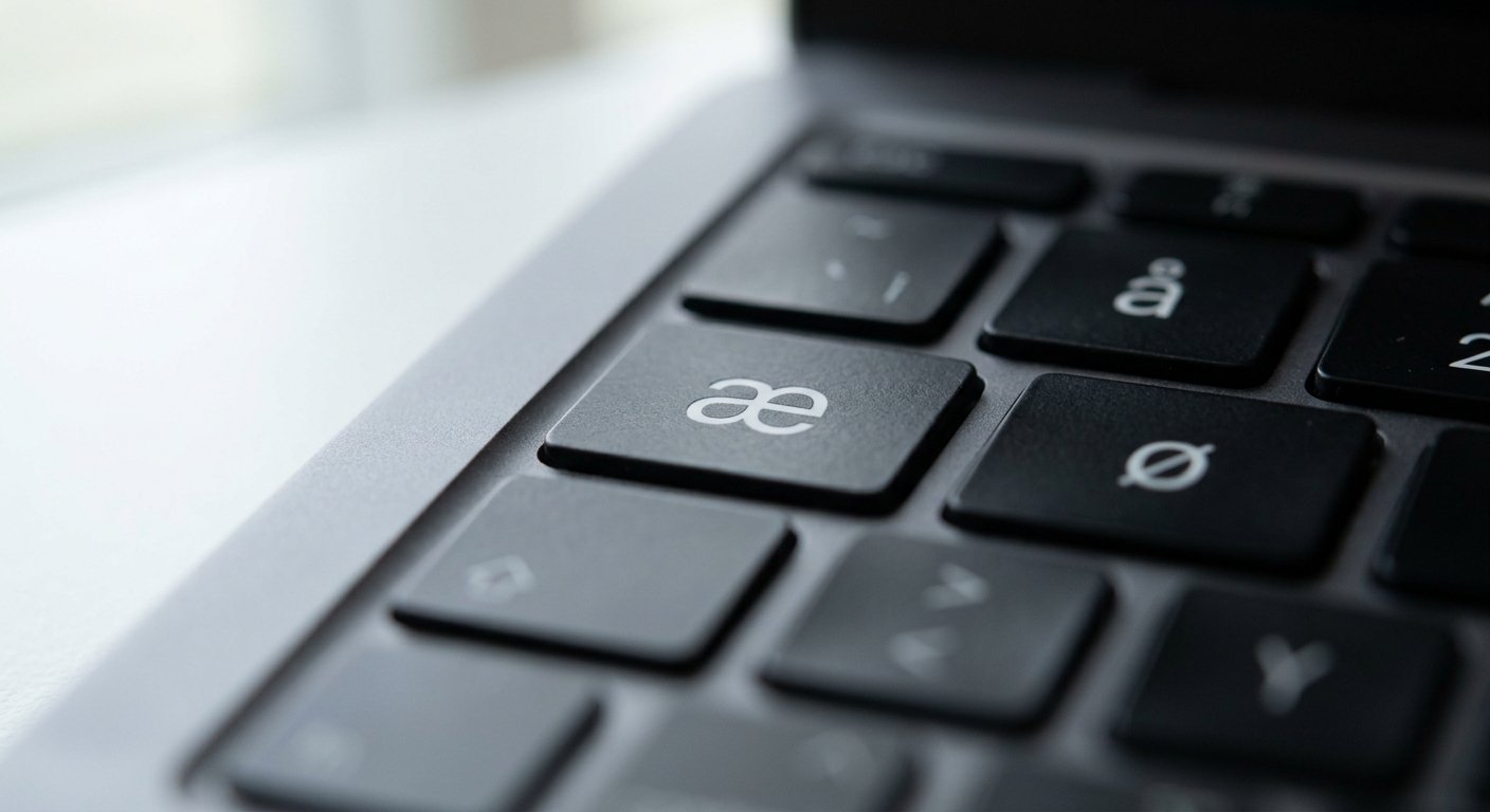 Close-up of a Scandinavian keyboard key showing the letter æ, the missing letter in serlig.