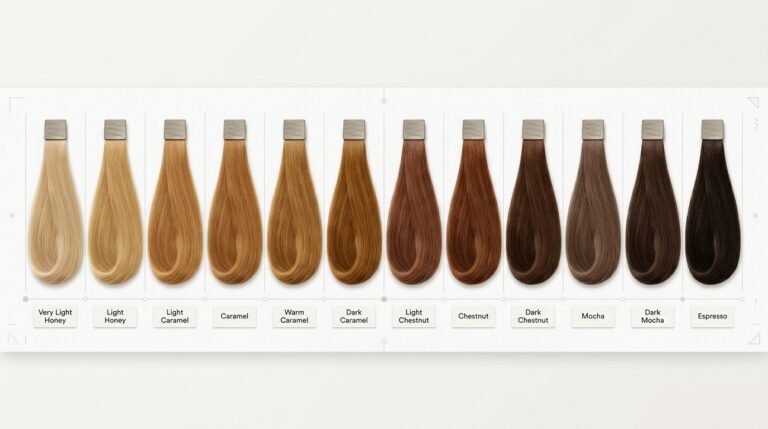 Color swatch strip showing shades of brown hair from light caramel to dark espresso.
