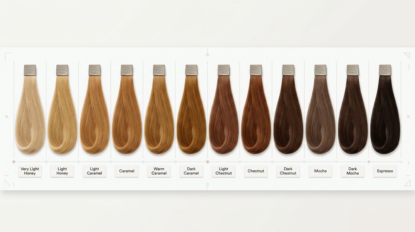 Color swatch strip showing shades of brown hair from light caramel to dark espresso.