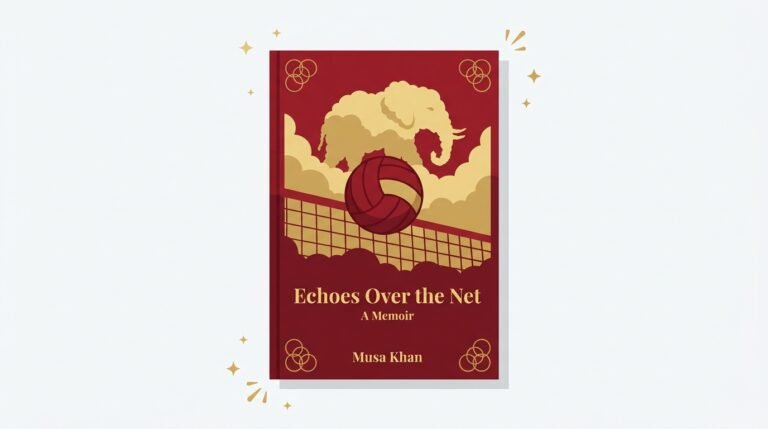 Book cover style illustration of the flying elephant memoirs with a volleyball and Olympic rings.
