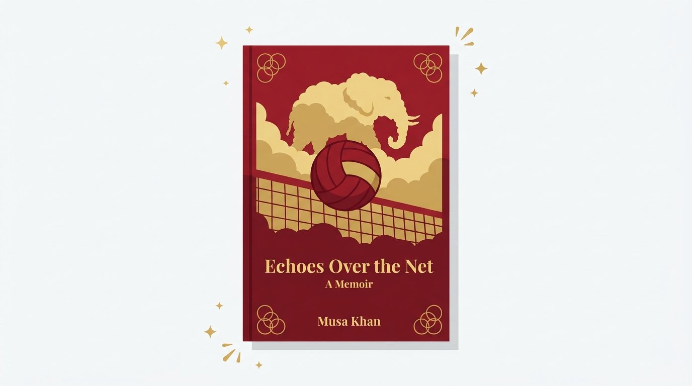 Book cover style illustration of the flying elephant memoirs with a volleyball and Olympic rings.