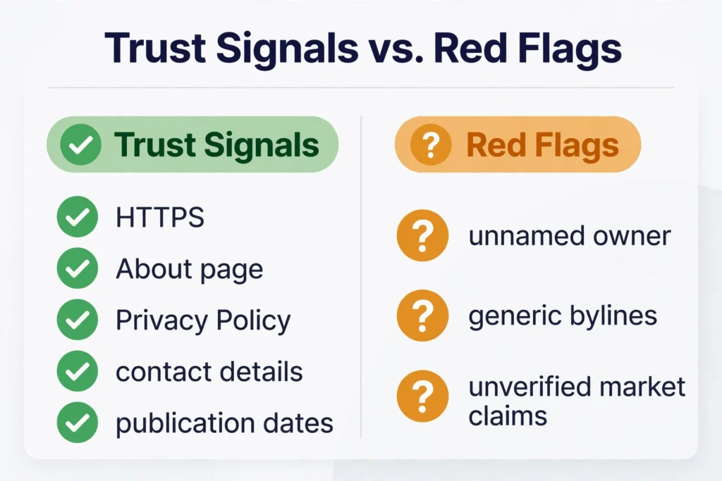 Trust signals versus red flags for TheAliteKeepSafe.com, including HTTPS and an About page