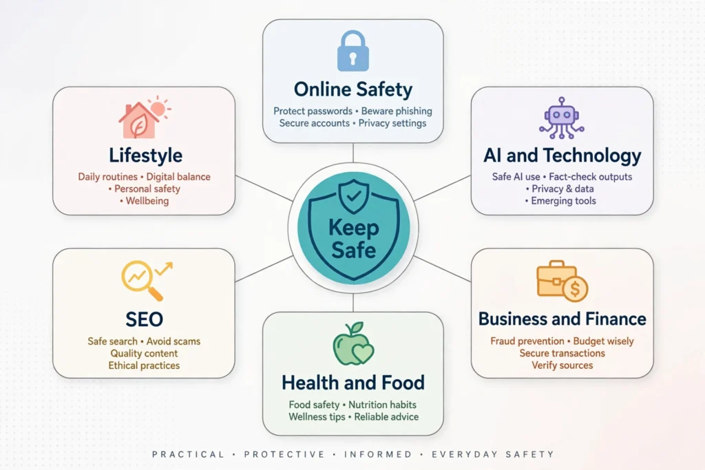 Topic map of TheAliteKeepSafe.com content areas, including online safety, AI and technology, and lifestyle